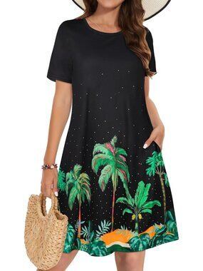 Women's Black Coconut Tree Short Sleeve Floral Sundress Beach Cover Mini Dress